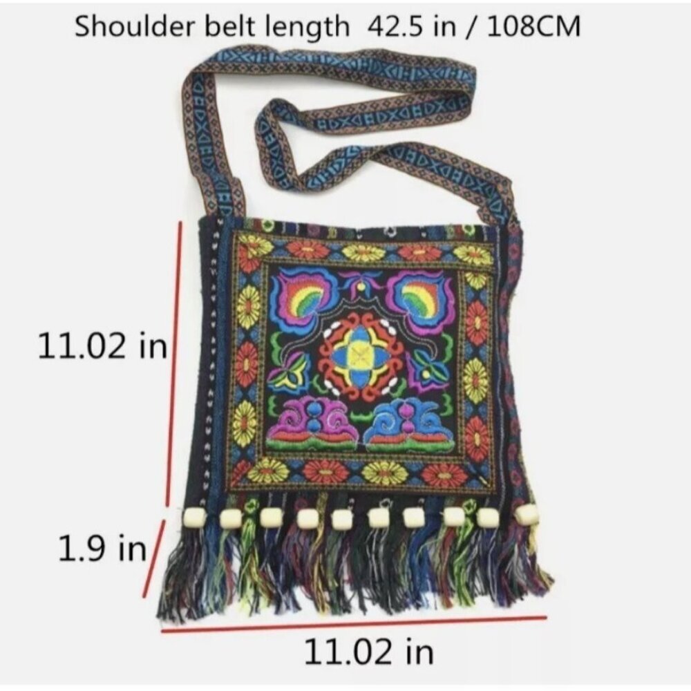 Boho Ethnic Embroidered Crossbody Bag Festival Hippie Purse Fringe Strap Tribal - Picture 3 of 8